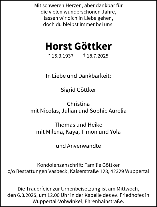 Traueranzeige von Horst Göttker von trauer.wuppertaler-rundschau.de