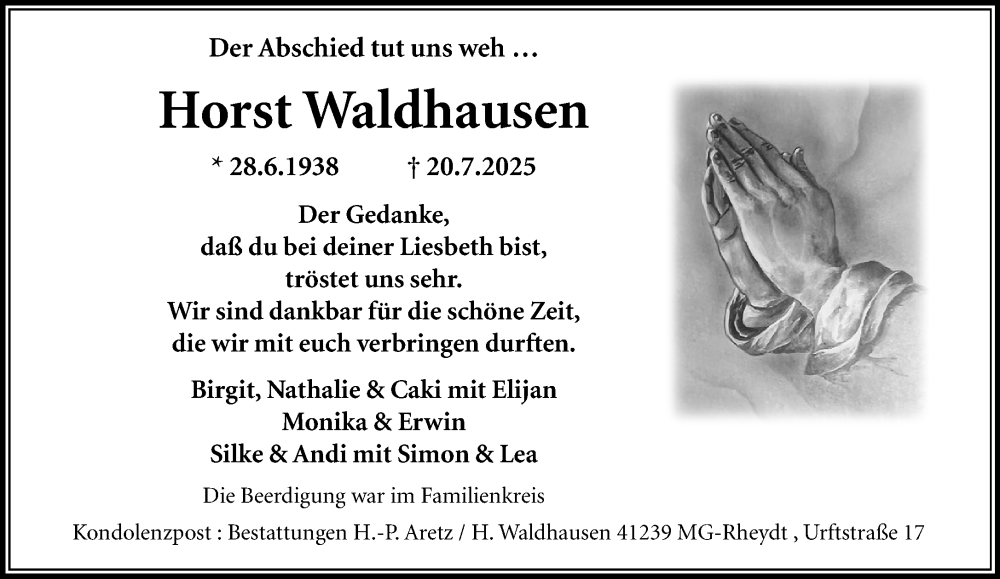  Traueranzeige für Horst Waldhausen vom 17.08.2025 aus trauer.extra-tipp-moenchengladbach.de
