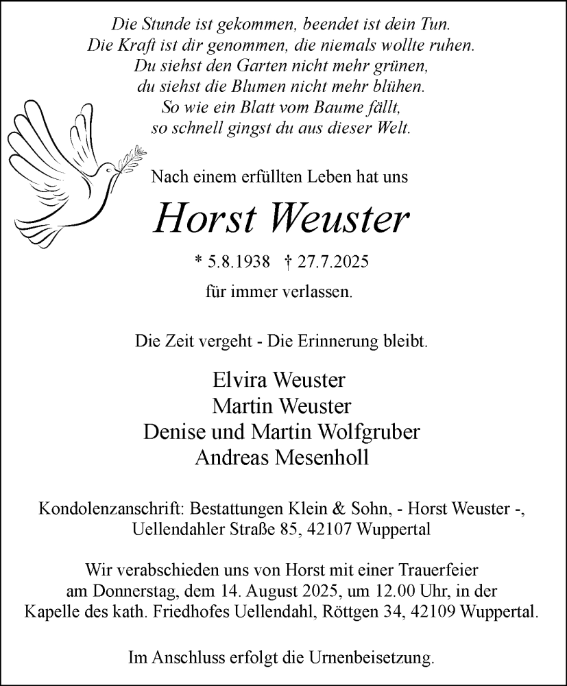  Traueranzeige für Horst Weuster vom 09.08.2025 aus trauer.wuppertaler-rundschau.de