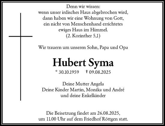Traueranzeige von Hubert Syma von trauer.wuppertaler-rundschau.de