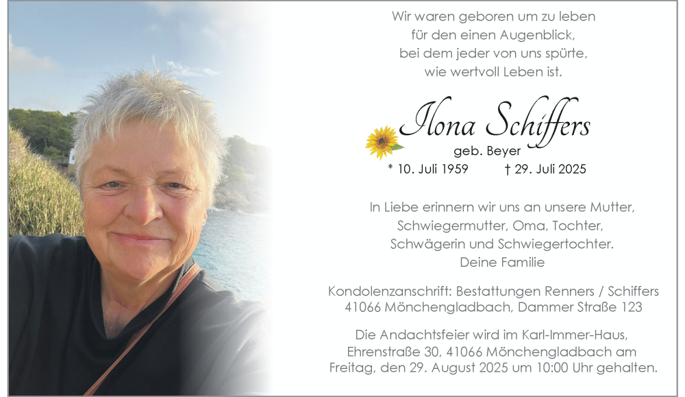  Traueranzeige für Ilona Schiffers vom 17.08.2025 aus trauer.extra-tipp-moenchengladbach.de