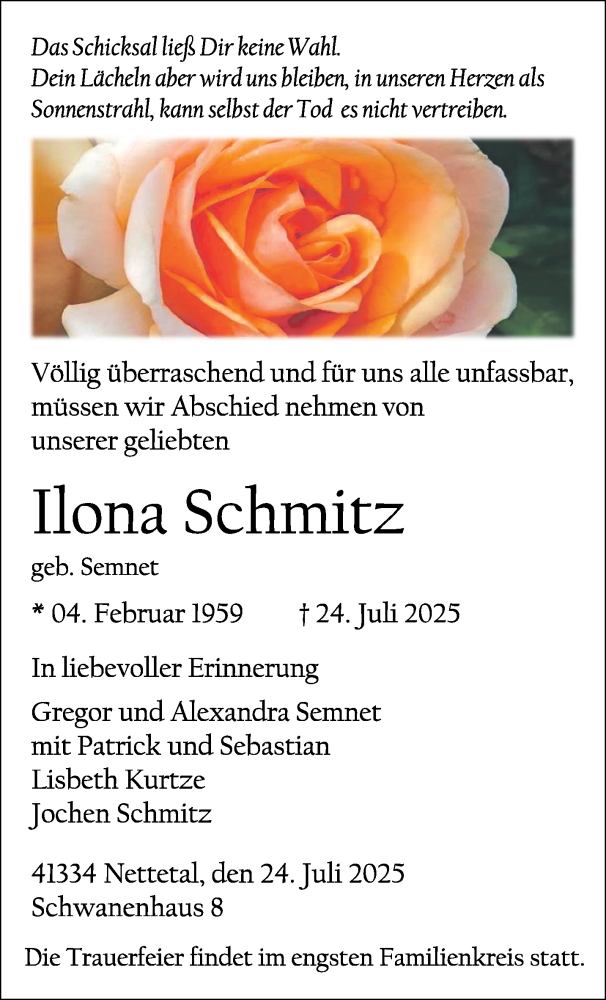  Traueranzeige für Ilona Schmitz vom 10.08.2025 aus trauer.extra-tipp-moenchengladbach.de
