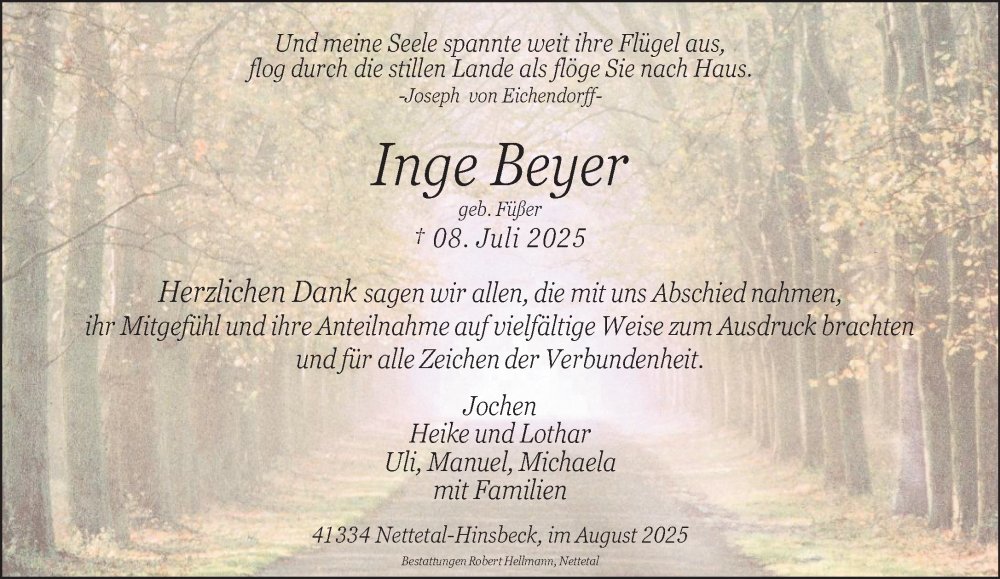  Traueranzeige für Inge Beyer vom 10.08.2025 aus trauer.extra-tipp-moenchengladbach.de
