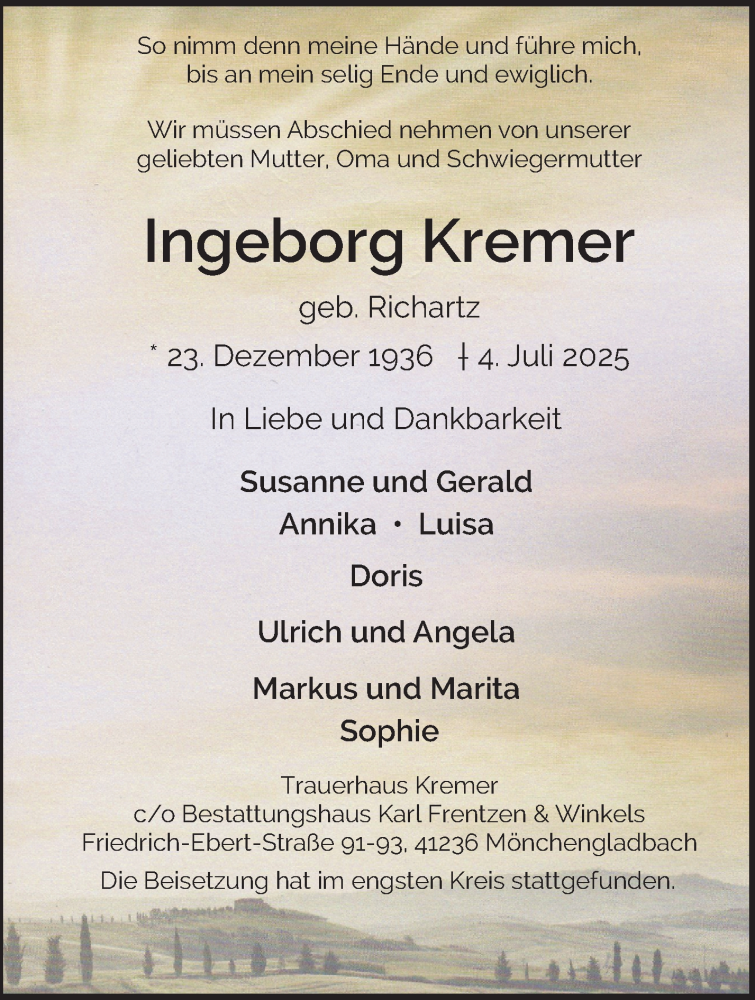  Traueranzeige für Ingeborg Kremer vom 17.08.2025 aus trauer.extra-tipp-moenchengladbach.de