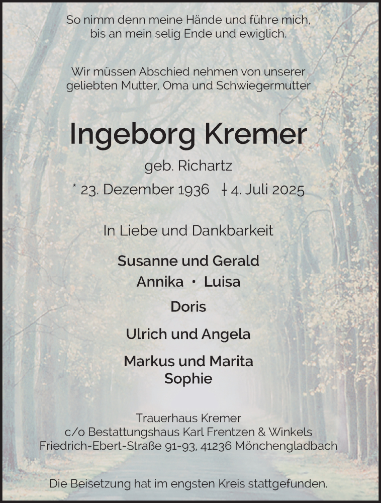  Traueranzeige für Ingeborg Kremer vom 10.08.2025 aus trauer.extra-tipp-moenchengladbach.de
