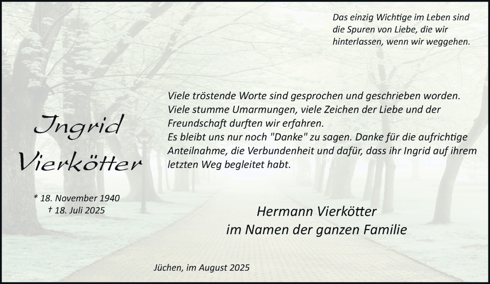  Traueranzeige für Ingrid Vierkötter vom 23.08.2025 aus trauer.stadt-kurier.de