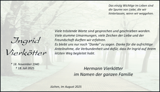 Traueranzeige von Ingrid Vierkötter von trauer.stadt-kurier.de