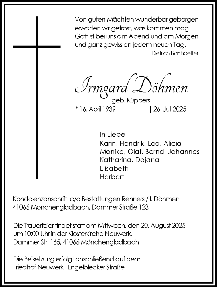 Traueranzeige für Irmgard Döhmen vom 03.08.2025 aus trauer.extra-tipp-moenchengladbach.de
