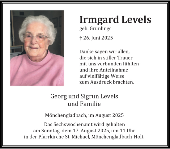 Traueranzeige von Irmgard Levels von trauer.extra-tipp-moenchengladbach.de
