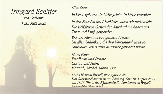 Traueranzeige von Irmgard Schiffer von trauer.extra-tipp-moenchengladbach.de