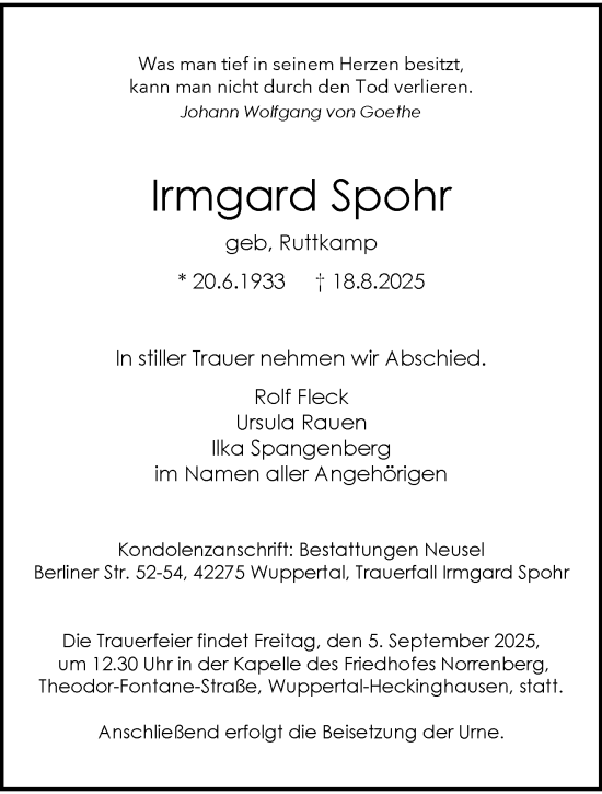 Traueranzeige von Irmgard Spohr von trauer.wuppertaler-rundschau.de