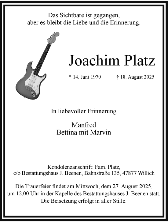 Traueranzeige von Joachim Platz von trauer.extra-tipp-moenchengladbach.de