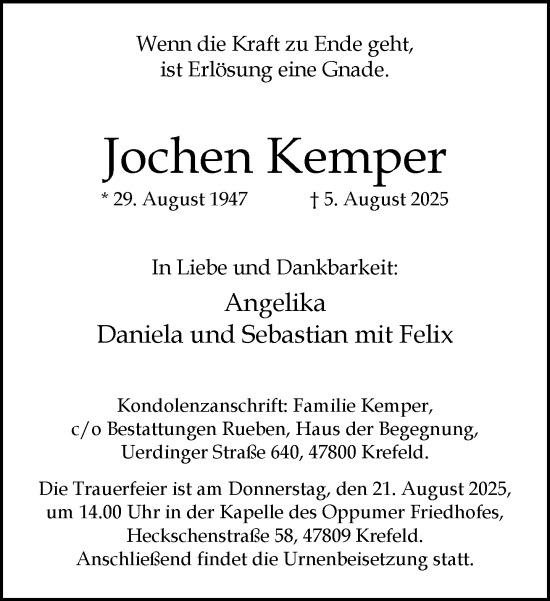 Traueranzeige von Jochen Kemper von trauer.extra-tipp-moenchengladbach.de