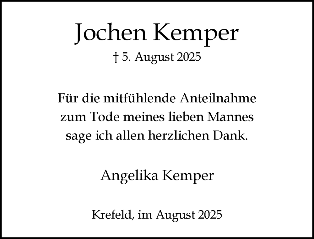  Traueranzeige für Jochen Kemper vom 31.08.2025 aus trauer.extra-tipp-moenchengladbach.de