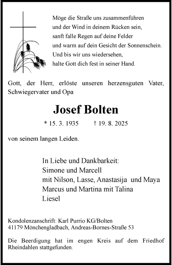 Traueranzeige von Josef Bolten von trauer.extra-tipp-moenchengladbach.de