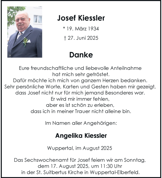 Traueranzeige von Josef Kiessler von trauer.wuppertaler-rundschau.de