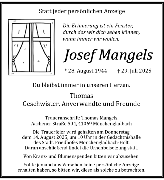 Traueranzeige von Josef Mangels von trauer.extra-tipp-moenchengladbach.de