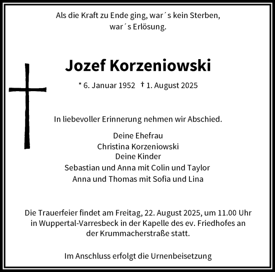 Traueranzeige von Jozef Korzeniowski von trauer.wuppertaler-rundschau.de