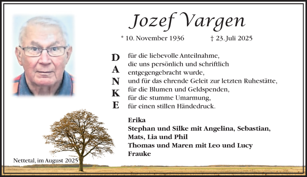  Traueranzeige für Jozef Vargen vom 31.08.2025 aus trauer.extra-tipp-moenchengladbach.de
