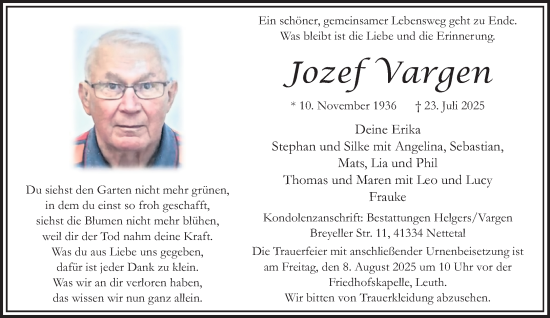 Traueranzeige von Jozef Vargen von trauer.extra-tipp-moenchengladbach.de