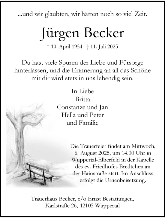 Traueranzeige von Jürgen Becker von trauer.wuppertaler-rundschau.de