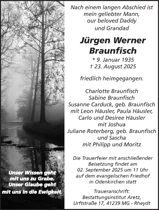 Traueranzeige von Jürgen Werner Braunfisch von trauer.extra-tipp-moenchengladbach.de