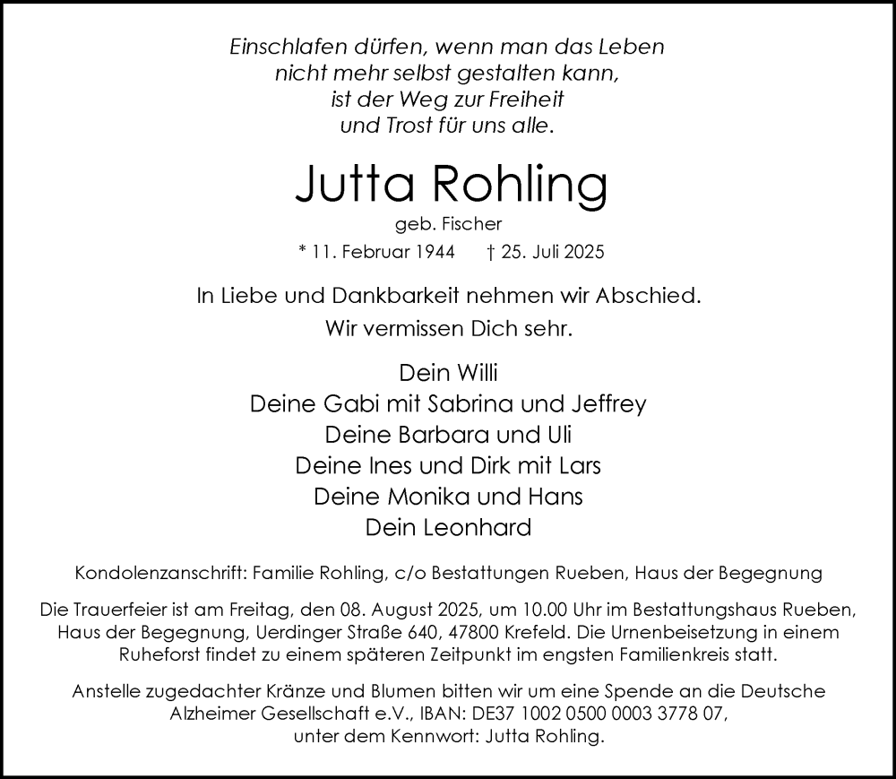  Traueranzeige für Jutta Rohling vom 03.08.2025 aus trauer.extra-tipp-moenchengladbach.de