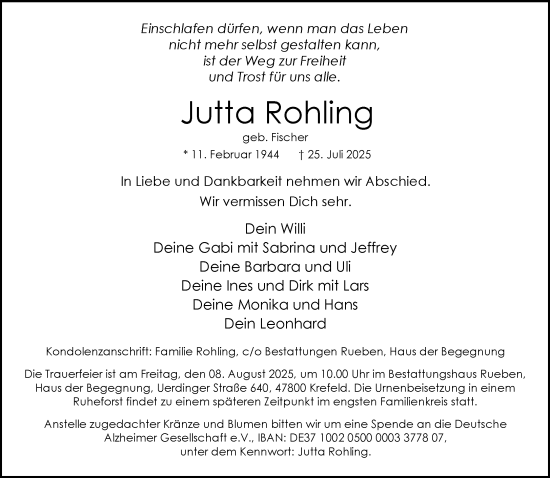 Traueranzeige von Jutta Rohling von trauer.extra-tipp-moenchengladbach.de