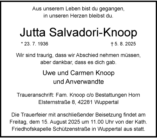 Traueranzeige von Jutta Salvadori-Knoop von trauer.wuppertaler-rundschau.de
