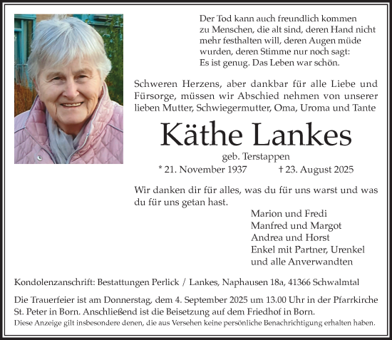 Traueranzeige von Käthe Lankes von trauer.extra-tipp-moenchengladbach.de