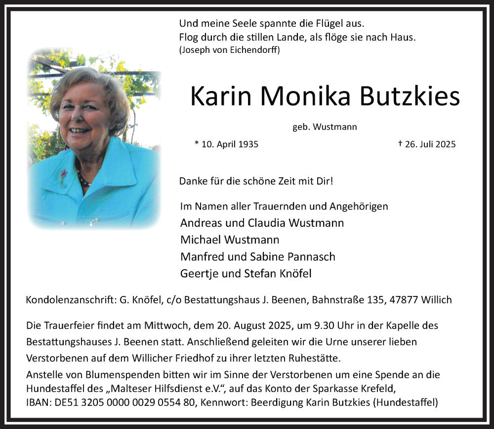  Traueranzeige für Karin Monika Butzkies vom 17.08.2025 aus trauer.extra-tipp-moenchengladbach.de