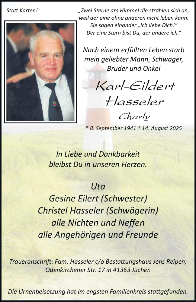  Traueranzeige für Karl-Eildert Hasseler vom 23.08.2025 aus trauer.stadt-kurier.de