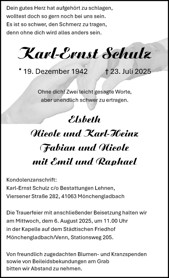 Traueranzeige von Karl-Ernst Schulz von trauer.extra-tipp-moenchengladbach.de