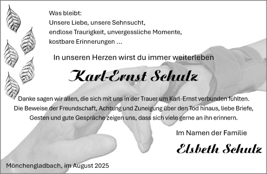 Traueranzeige von Karl-Ernst Schulz von trauer.extra-tipp-moenchengladbach.de