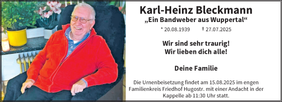 Traueranzeige von Karl-Heinz Bleckmann von trauer.wuppertaler-rundschau.de