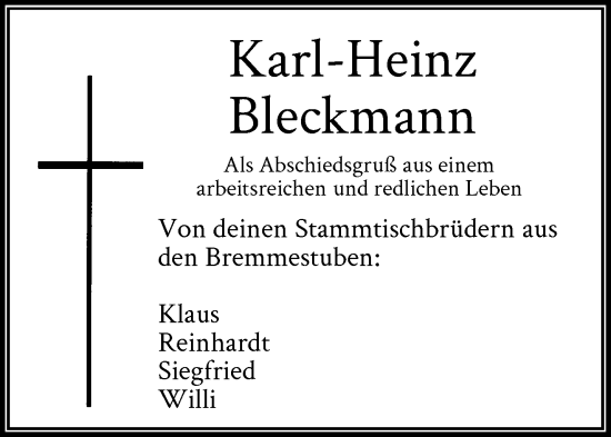 Traueranzeige von Karl-Heinz Bleckmann von trauer.wuppertaler-rundschau.de