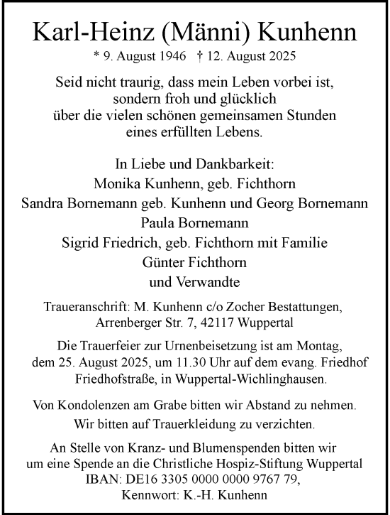 Traueranzeige von Karl-Heinz Kunhenn von trauer.wuppertaler-rundschau.de