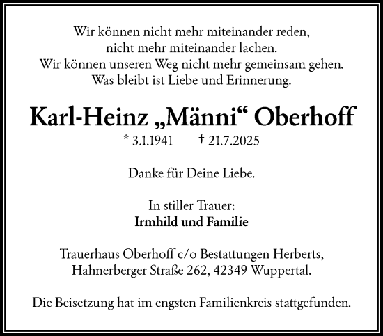 Traueranzeige von Karl-Heinz Oberhoff von trauer.wuppertaler-rundschau.de
