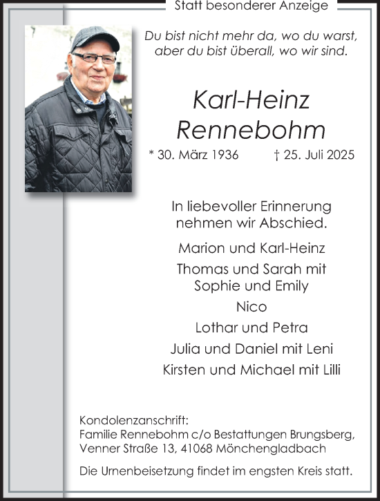 Traueranzeige von Karl-Heinz Rennebohm von trauer.extra-tipp-moenchengladbach.de