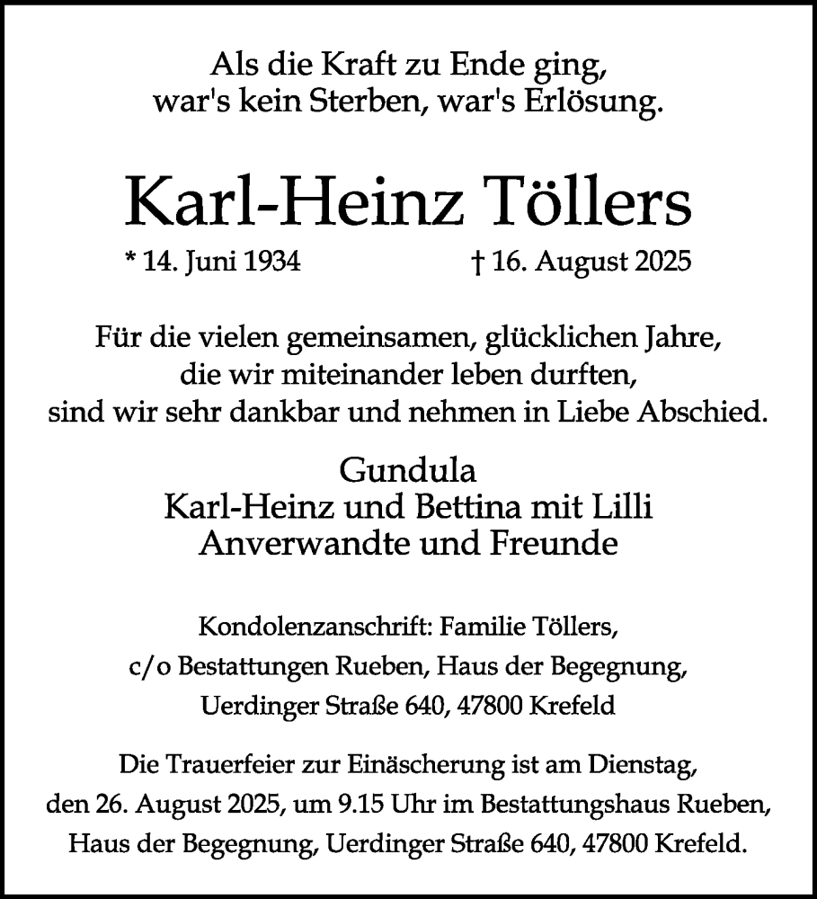  Traueranzeige für Karl-Heinz Töllers vom 24.08.2025 aus trauer.extra-tipp-moenchengladbach.de