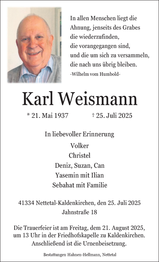 Traueranzeige von Karl Weismann von trauer.extra-tipp-moenchengladbach.de