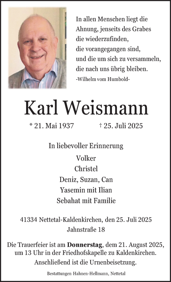 Traueranzeige von Karl Weismann von trauer.extra-tipp-moenchengladbach.de