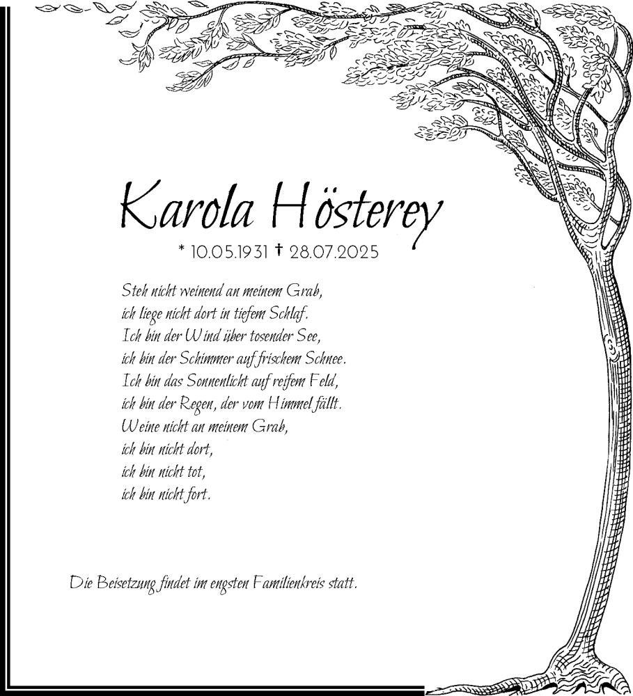  Traueranzeige für Karola Hösterey vom 09.08.2025 aus trauer.wuppertaler-rundschau.de