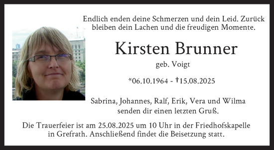 Traueranzeige von Kirsten Brunner von trauer.extra-tipp-moenchengladbach.de