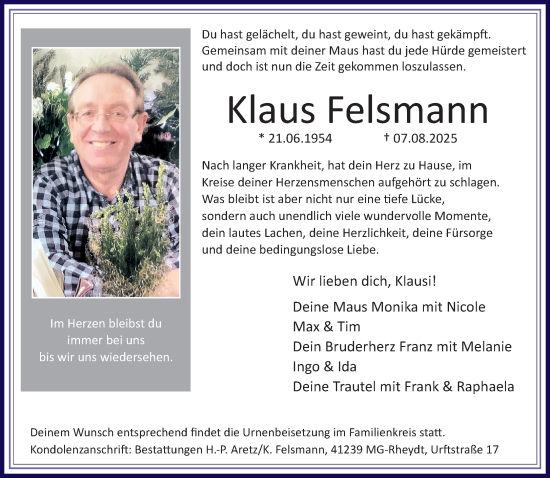 Traueranzeige von Klaus Felsmann von trauer.extra-tipp-moenchengladbach.de