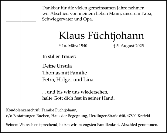 Traueranzeige von Klaus Füchtjohann von trauer.extra-tipp-moenchengladbach.de