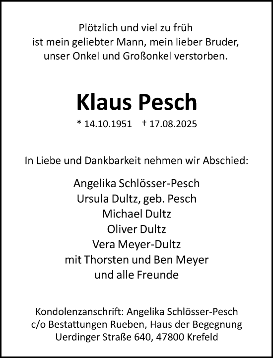 Traueranzeige von Klaus Pesch von trauer.extra-tipp-moenchengladbach.de