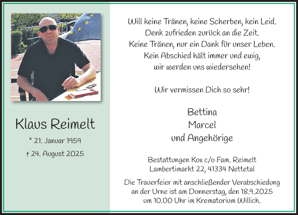  Traueranzeige für Klaus Reimelt vom 31.08.2025 aus trauer.extra-tipp-moenchengladbach.de