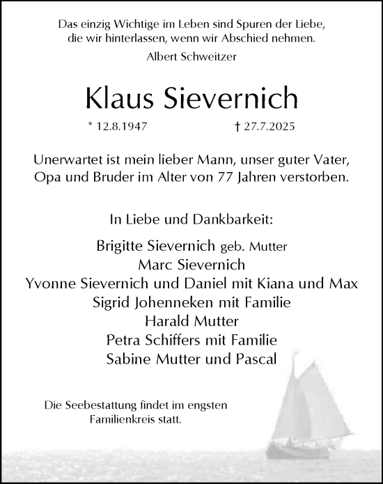 Traueranzeige von Klaus Sievernich von trauer.wuppertaler-rundschau.de