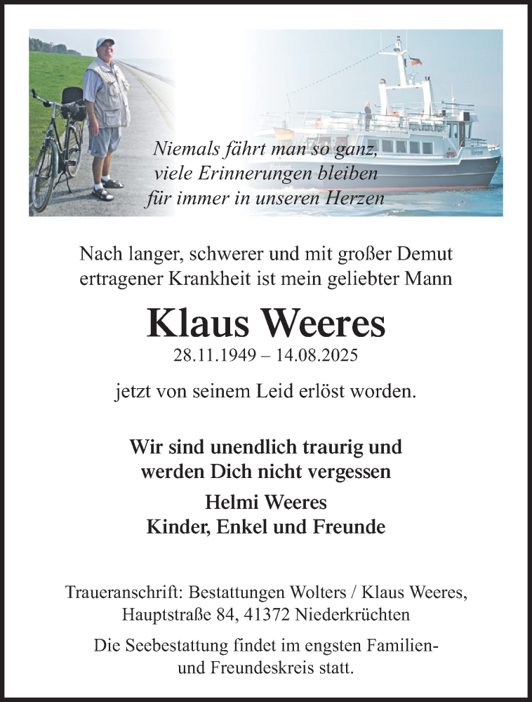 Traueranzeige für Klaus Weeres vom 24.08.2025 aus trauer.extra-tipp-moenchengladbach.de
